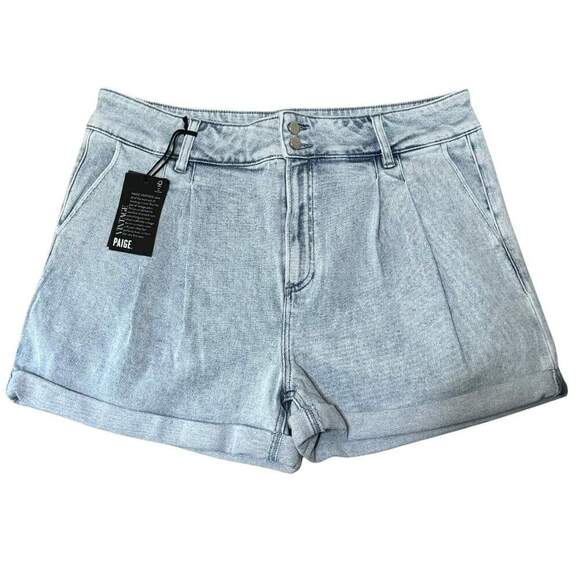PAIGE Beth Pleated High Rise Waist Shorts Sherry Light Wash Cuffed Denim NWT 33 - Picture 2 of 7
